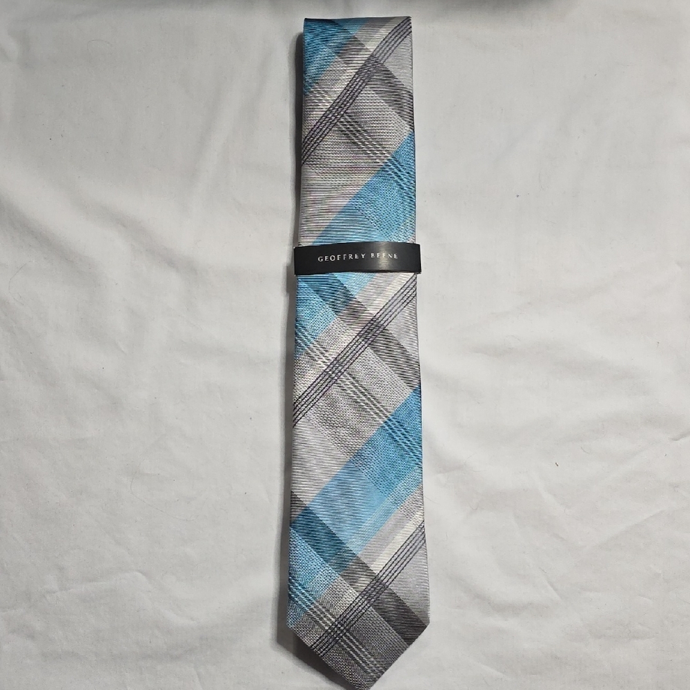 Geoffrey Beene Sky Blue and Charcoal Checkered Tie